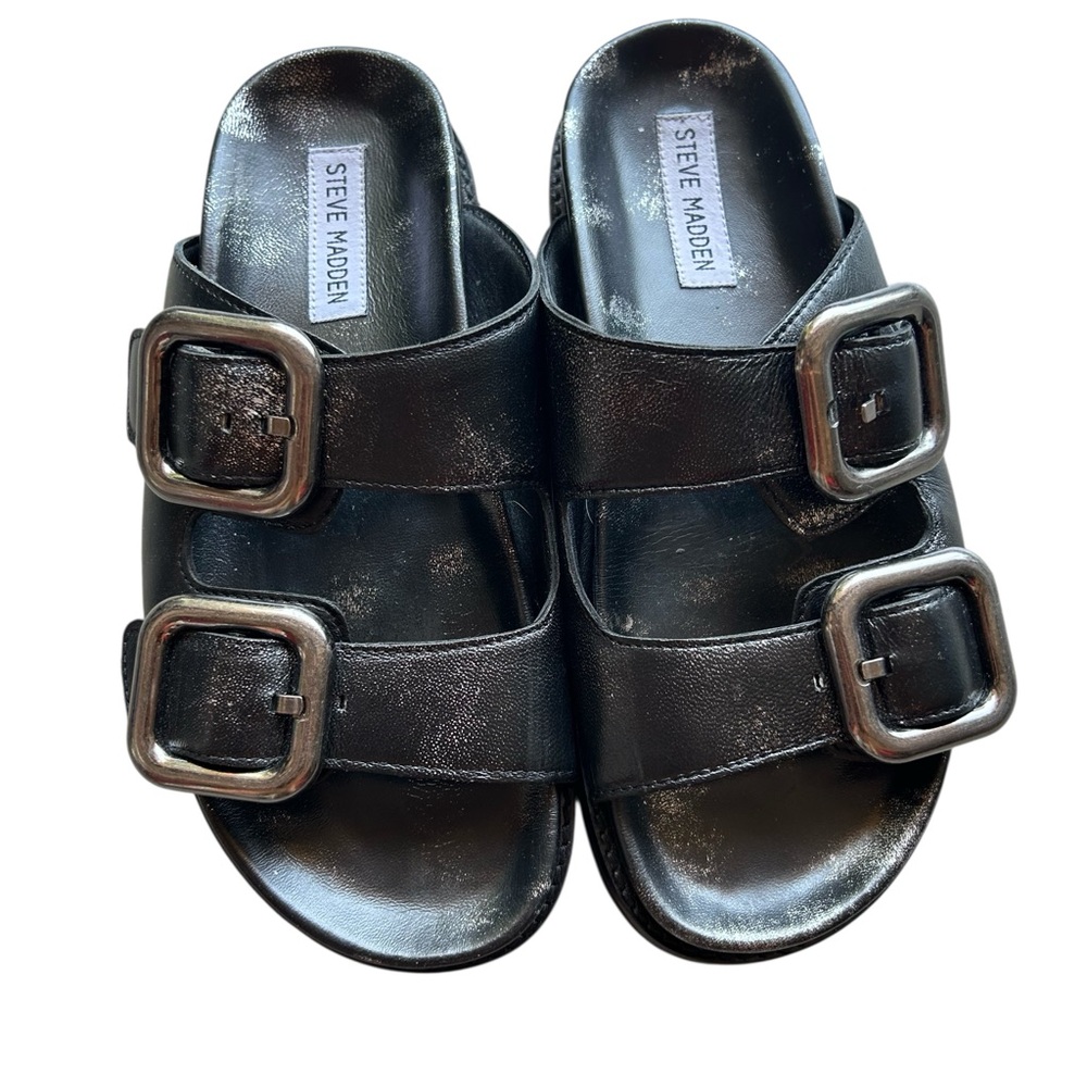 Steve Madden Cape Black Distressed Double Buckle Leather Slide Sandals Women’s 8